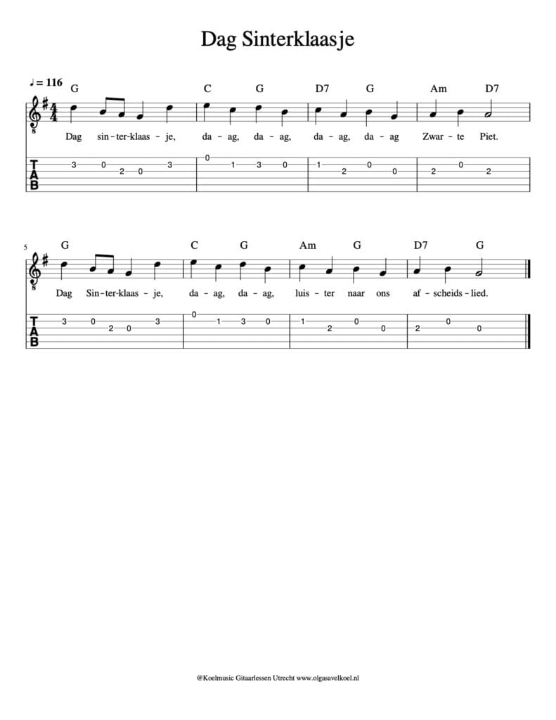 Dag Sinterklaasje, modern liedje voor de gitaar